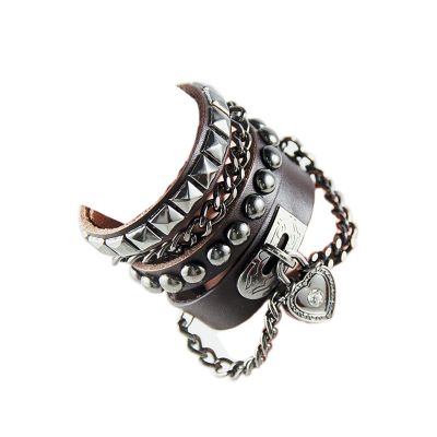 2Pcs Punk Layered Spike Rivet PU Leather Bangle Bracelet Set Gothic Adjustable Heart-shaped Studded Wristband Cuff for Men Women Handmade Halloween Cosplay Jewelry-C red