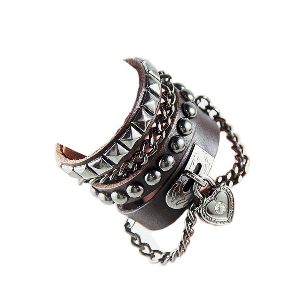 2Pcs Punk Layered Spike Rivet PU Leather Bangle Bracelet Set Gothic Adjustable Heart-shaped Studded Wristband Cuff for Men Women Handmade Halloween Cosplay Jewelry-C red