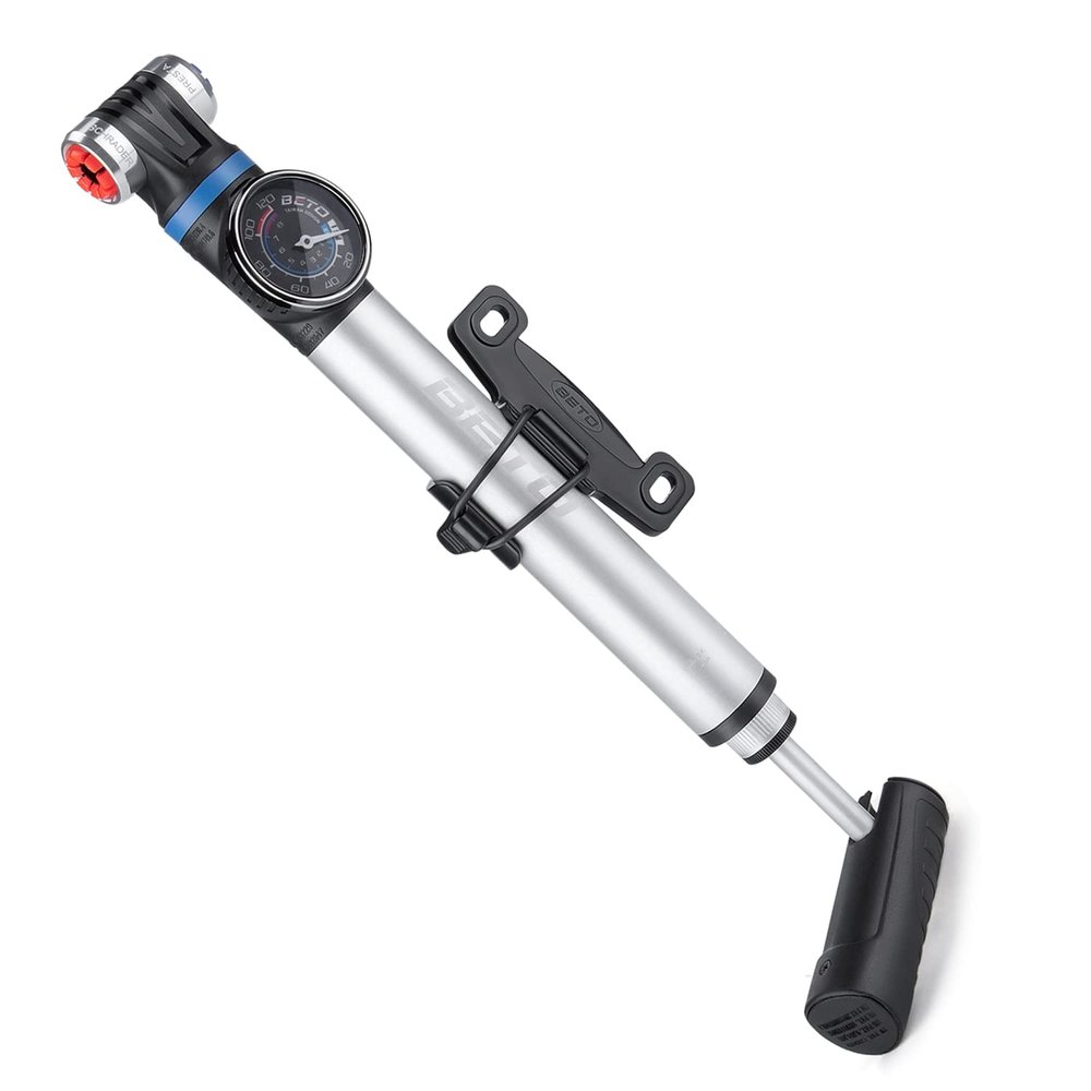 Mini Bike Pump with Gauge - Portable Frame Pump with EZ-Head Fits Schrader/Presta, Foldable T-Handle - Road Mountain MTB BMX Bike Pump (Style:B)