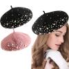 2 Pairs French Wool Beret Soft Rabbit Fur Beanie Hat Knitted Hat Lightweight Casual Classic Solid Color Pearl Beret, Black & Pink
