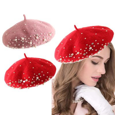 2 Pairs Wool Berets for Women, Fashion Style French Beret Hat Dress Beanie Winter Hat Rabbit Fur Beanie Hat, Red & Pink