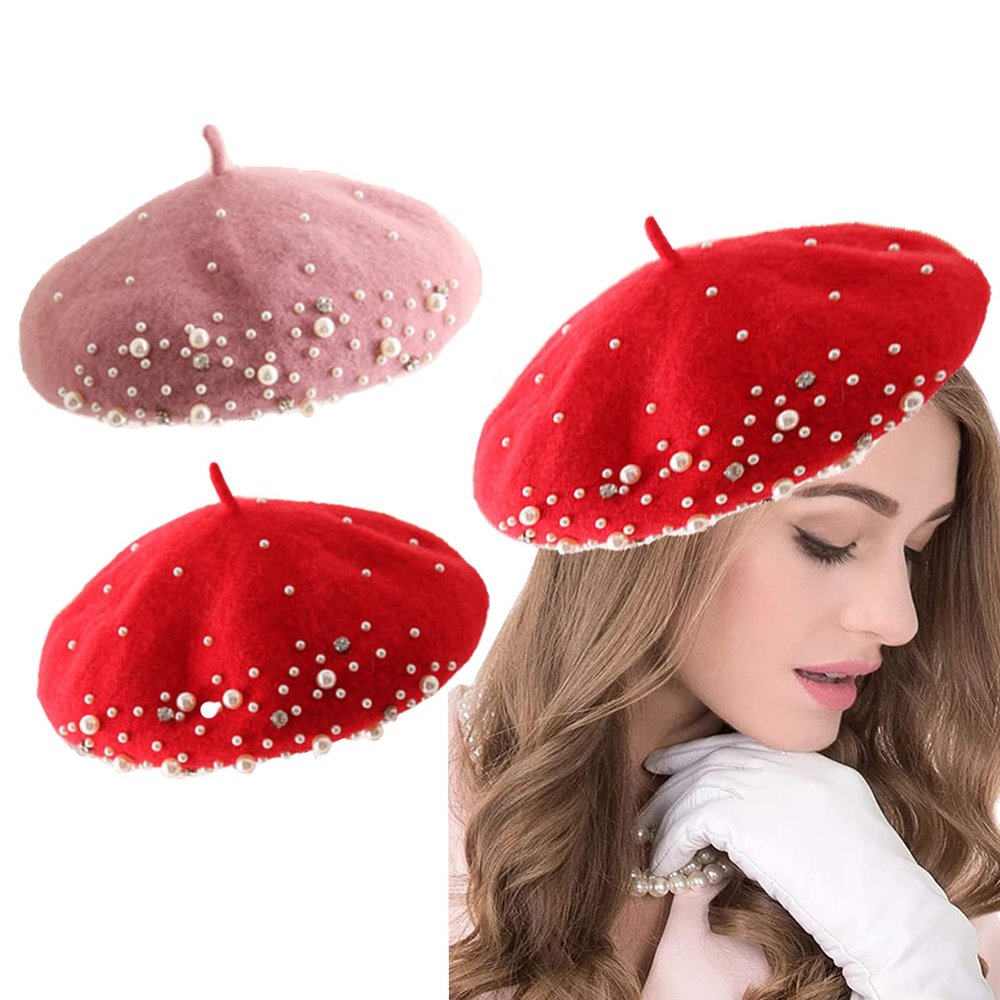 2 Pairs Wool Berets for Women, Fashion Style French Beret Hat Dress Beanie Winter Hat Rabbit Fur Beanie Hat, Red & Pink