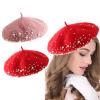 2 Pairs Wool Berets for Women, Fashion Style French Beret Hat Dress Beanie Winter Hat Rabbit Fur Beanie Hat, Red & Pink view 1