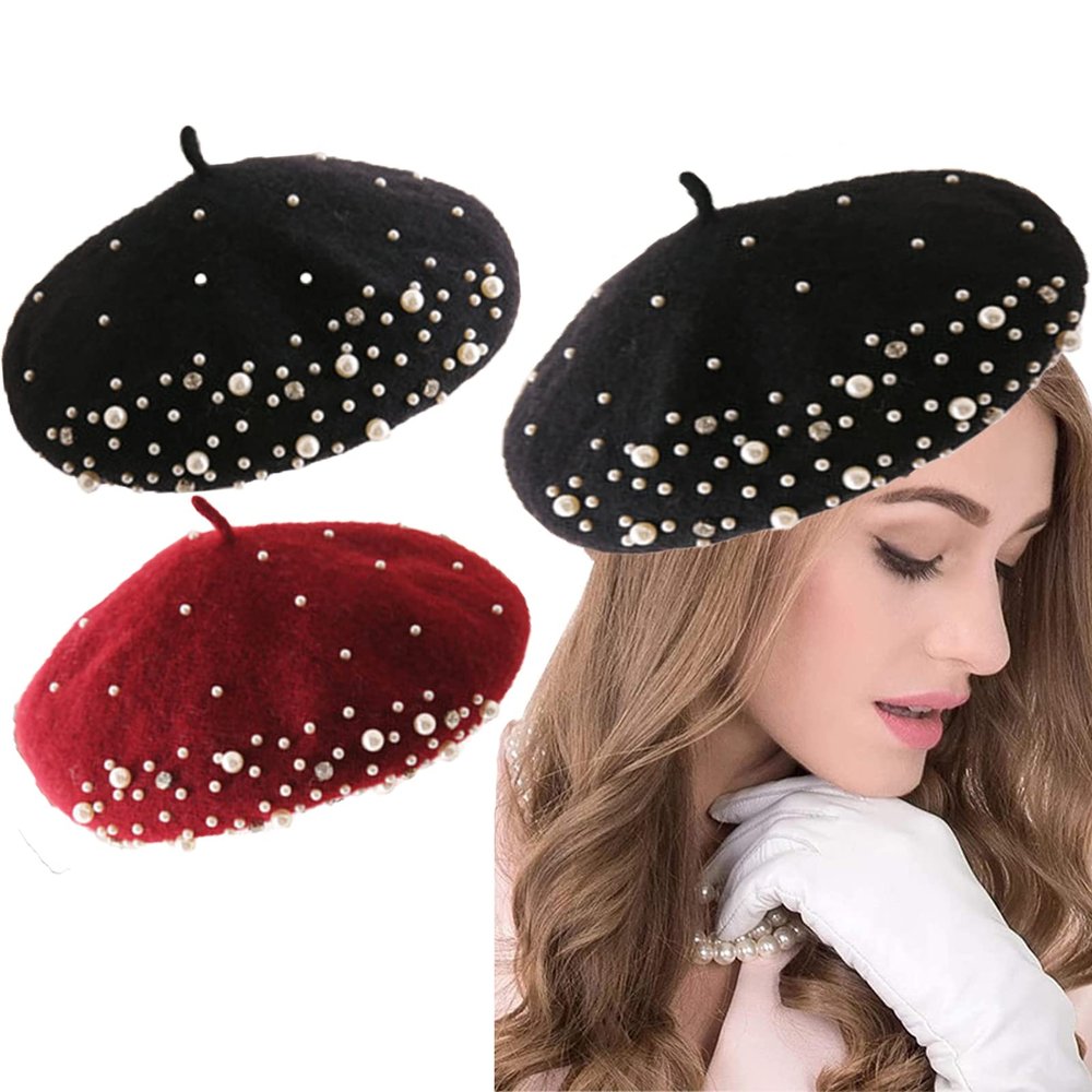 2 Pairs French Wool Beret Soft Rabbit Fur Beanie Hat Knitted Hat Lightweight Casual Classic Solid Color Pearl Beret, Black & Wine Red