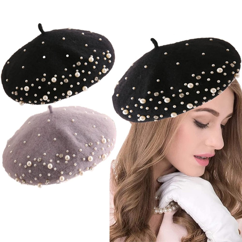 2 Pairs French Wool Beret Soft Rabbit Fur Beanie Hat Knitted Hat Lightweight Casual Classic Solid Color Pearl Beret, Black & Grey