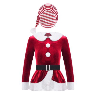 Moily Kids Girls Miss Santa Christmas 2 Pcs Dancewear Velvet Long Sleeve Top Shirts Coat with Candy Striped Hat Red 8 Years