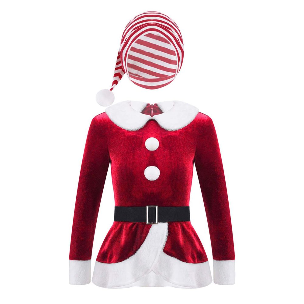 Moily Kids Girls Miss Santa Christmas 2 Pcs Dancewear Velvet Long Sleeve Top Shirts Coat with Candy Striped Hat Red 8 Years