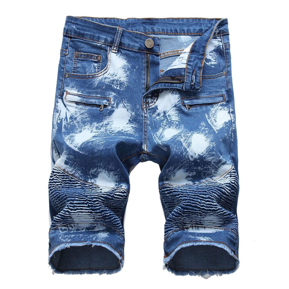 Men's Casual Denim Shorts Classic Fit Ripped Distressed Summer Short Jeans Hole Motorcycle Denim Half Pants (28,Blue)