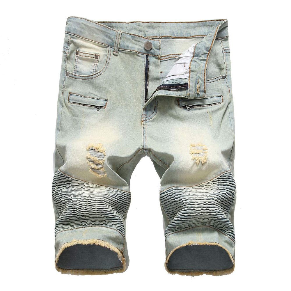 Men's Casual Denim Shorts Classic Fit Ripped Distressed Summer Short Jeans Hole Motorcycle Denim Half Pants (42,Yellow)
