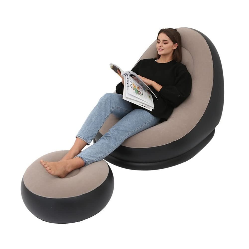 DDER Outdoor Camping Foldable Flocking Inflatable Recliner with Footrest Combination Lazy Sofa with Inflatable Electric Pump (Brown)
