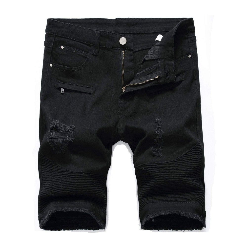 Men's Casual Denim Shorts Classic Fit Ripped Distressed Summer Short Jeans Hole Motorcycle Denim Half Pants (28,Black 2)