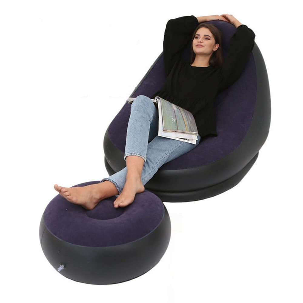 DDER Outdoor Camping Foldable Flocking Inflatable Recliner with Footrest Combination Lazy Sofa with Inflatable Electric Pump (Blue)