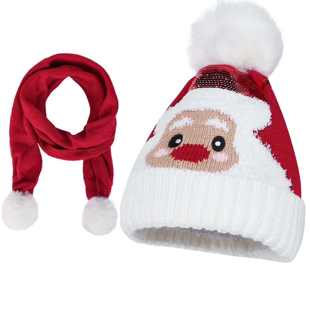 Christmas Hat and Scarf Set for Kids Toddler Winter Pom Pom Hat Neck Warmer Boys Girls