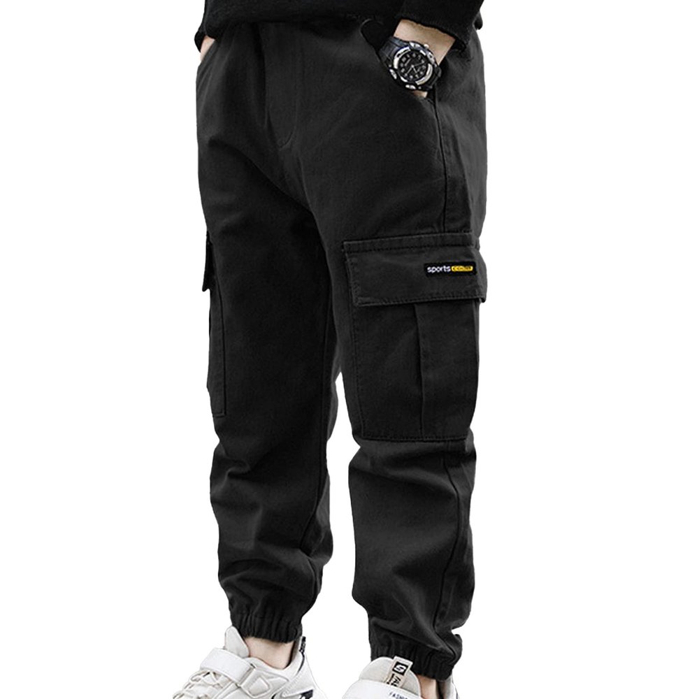 easyforever Kids Boy's Cargo Pants Elastic Waist Cotton Jogger Pull-on Cargo Trousers Cuffed Dungarees Bottoms Black -1 12 Years