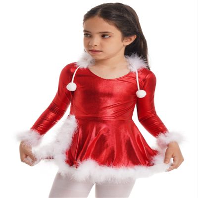 Hansber Girls Christmas Outfits Long Sleeve Faux Fur Trimming Velvet Figure Roller Skating Baton Twirling Dress Red-Shiny 10