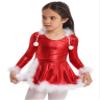 Hansber Girls Christmas Outfits Long Sleeve Faux Fur Trimming Velvet Figure Roller Skating Baton Twirling Dress Red-Shiny 10 view 1