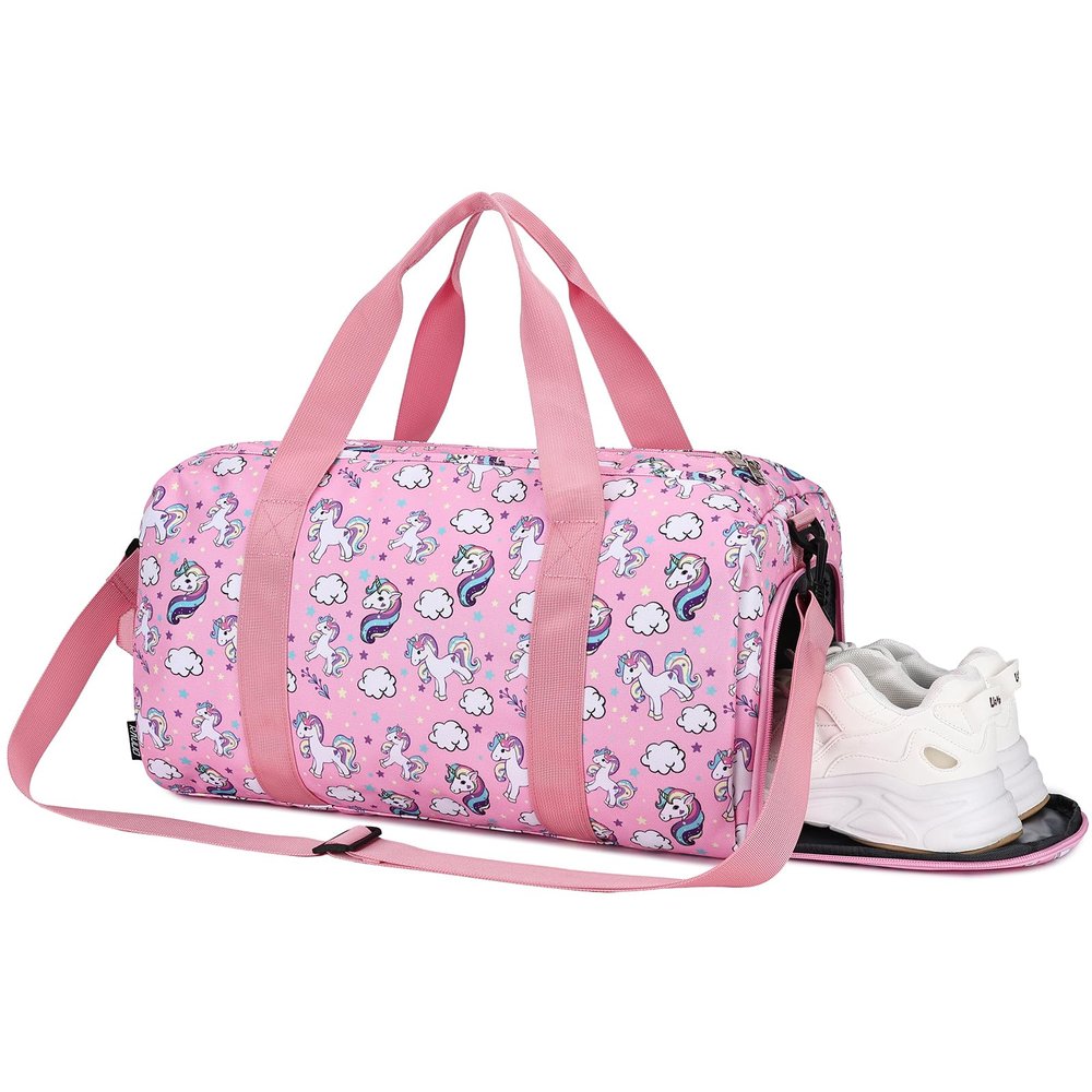Duffle bag for Girls,RAVUO Water Resistant Travel Overnight Weekend Bag Carry On Bag for Gym Sport Dance with Shoe Compartment and Wet Pocket Unicorn