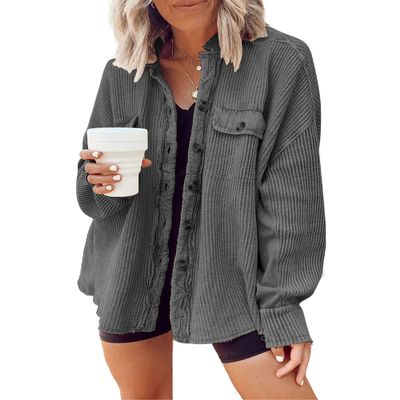 ebossy Womens Long Batwing Sleeve Splicing Cardigan Lightweight Waffle Textured Boyfriend Shirt Jacket Shacket (Small, Dark Grey)