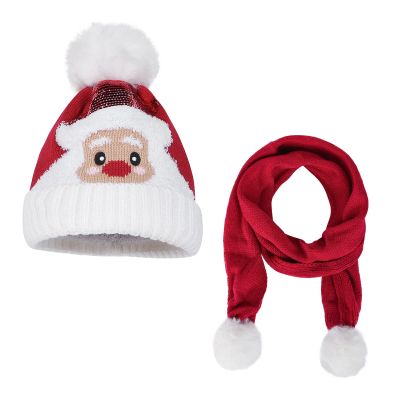 Toddler Kids Santa Hat Knit Pompom Beanies Scarf Set Christmas Ugly Hat Warm Snow Hat Neck Warmer for Xmas Party 3-10 Years