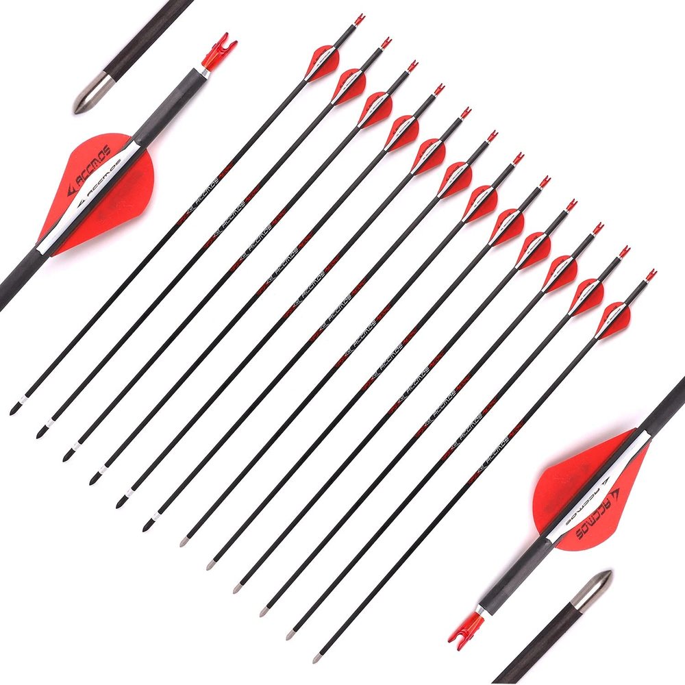 12pc Custom Length Carbon Arrows for 15-70 Lb Recurve Bow ID 5.2mm .204" 22-31 Inch Spine 300 350 400 500 600 700 Target Practice & Hunting Arrow Adult Youth Shooting