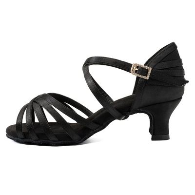 JUODVMP Women's Salsa Tango Latin Ballroom Practice Dance Shoes Black Satin Braided Cross Straps 2 inch Heel Professional Dance Heels,4.5 US