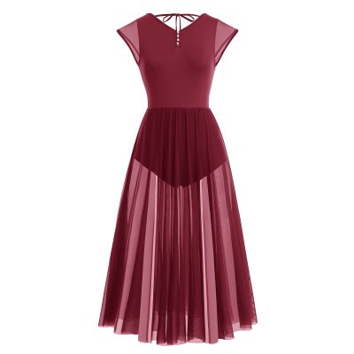 ODASDO Lyrical Dance Costumes for Women Adult Modern Contemporary Dancewear Cap Sleeve V-Neck Flowy Mesh Tulle Split Maxi Long Dress Ballet Leotard Ballroom Stage Performance Costume Wine Red XL