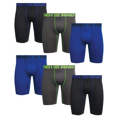 AND1 Mens Boxer Briefs - 6 Pack Platinum Performance Long Leg Boxer Briefs with Pouch - Boxers for Men, 9" Inseam (S-3XL), Size Medium, Blue/Grey/Black