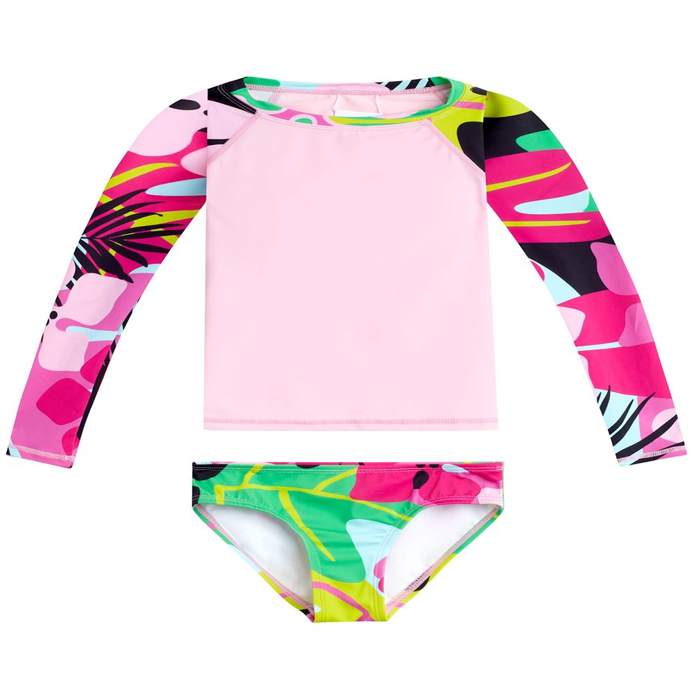 Kanu Surf Girls' Long Sleeve Rashguard UPF 50+ Two Piece Swim Set, Aria Pink, 14-16