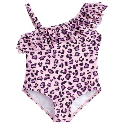 Kanu Surf Girls' Morgan Floral Ruffle 1-Shoulder 1-Piece Swimsuit, Beach Leopard Pink, 4T