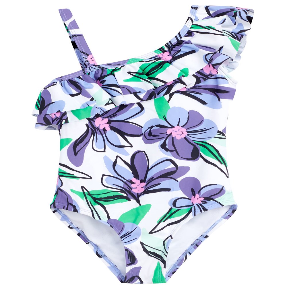 Kanu Surf Girls' Morgan Floral Ruffle 1-Shoulder 1-Piece Swimsuit, Sunflower White, 2T