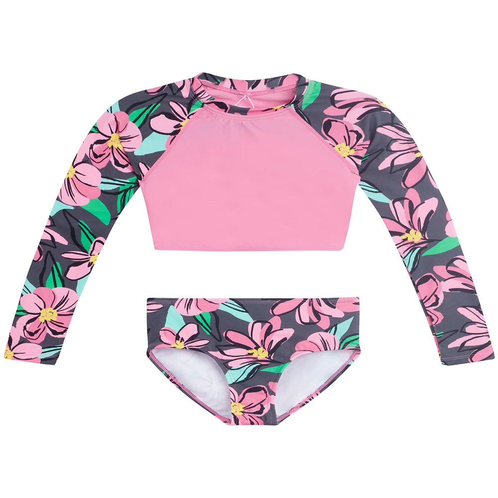 Kanu Surf Girls' Long Sleeve Rashguard UPF 50+ Two Piece Swim Set, Sunflower Pink, 14-16