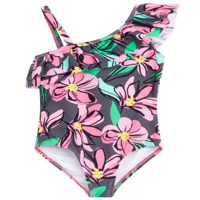 Kanu Surf Girls' Morgan Floral Ruffle 1-Shoulder 1-Piece Swimsuit, Sunflower Pink, 6