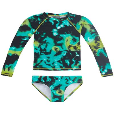 Kanu Surf Girls' Long Sleeve Rashguard UPF 50+ Two Piece Swim Set, Hurricane Black/Green, 10