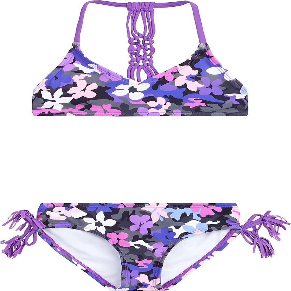 Kanu Surf Girls' Willow V-Neck Bikini Beach Sport 2-Piece Swimsuits, Garden Camo Black/Purple, 5