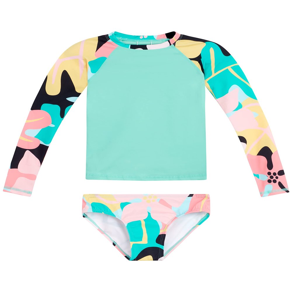 Kanu Surf Girls' Long Sleeve Rashguard UPF 50+ Two Piece Swim Set, Aria Coral, 3T