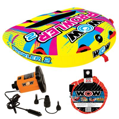 WOW Sports Prowler Starter Kit, 2 Person Boating Tube, 12v High Speed Air Pump, & 2K Tow Rope
