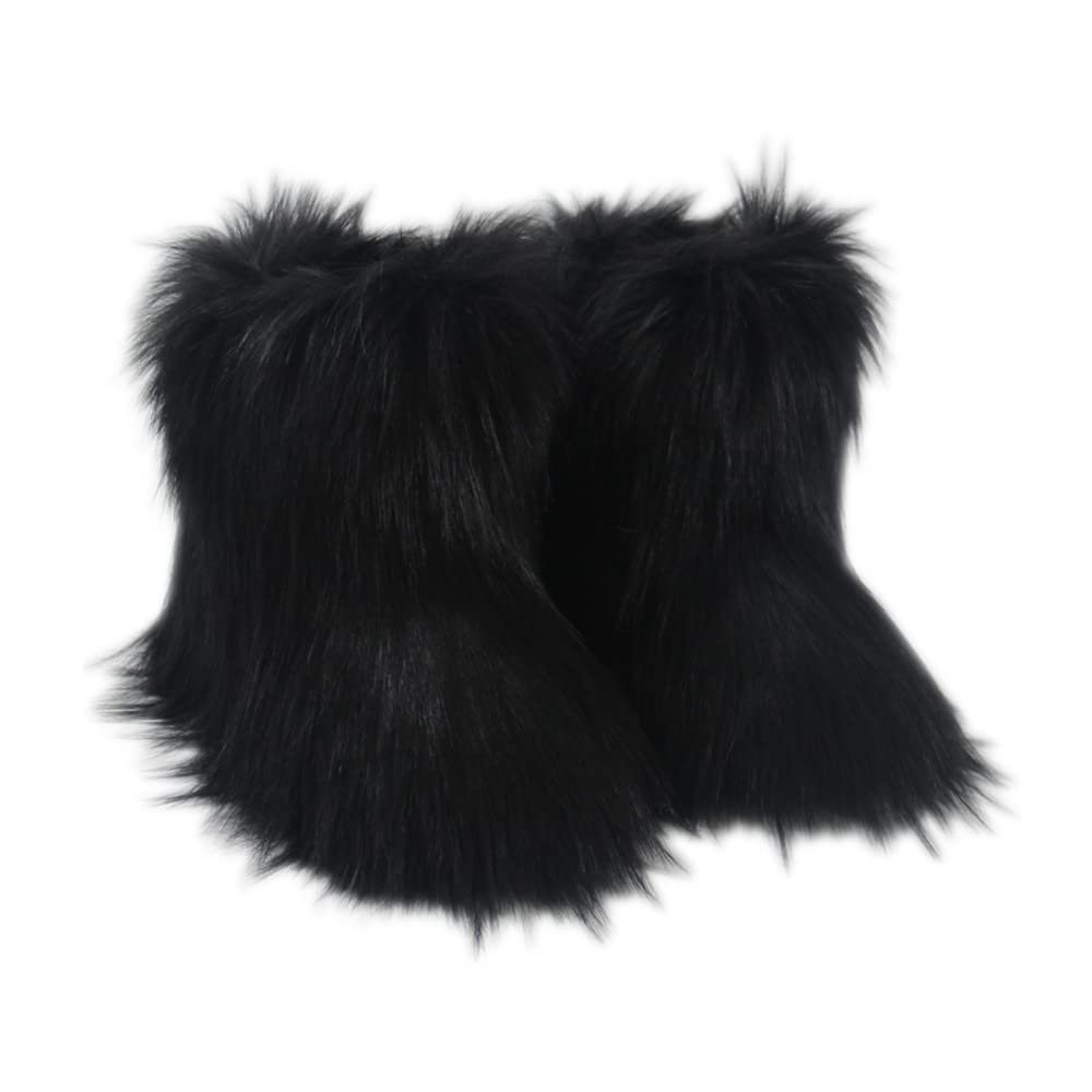 Gegefur Girls Boys Kids Faux Fur Boots Furry Fuzzy Fluffy Warm Winter Snow Boots Flat Shoes Outdoor (Black, 11.5)