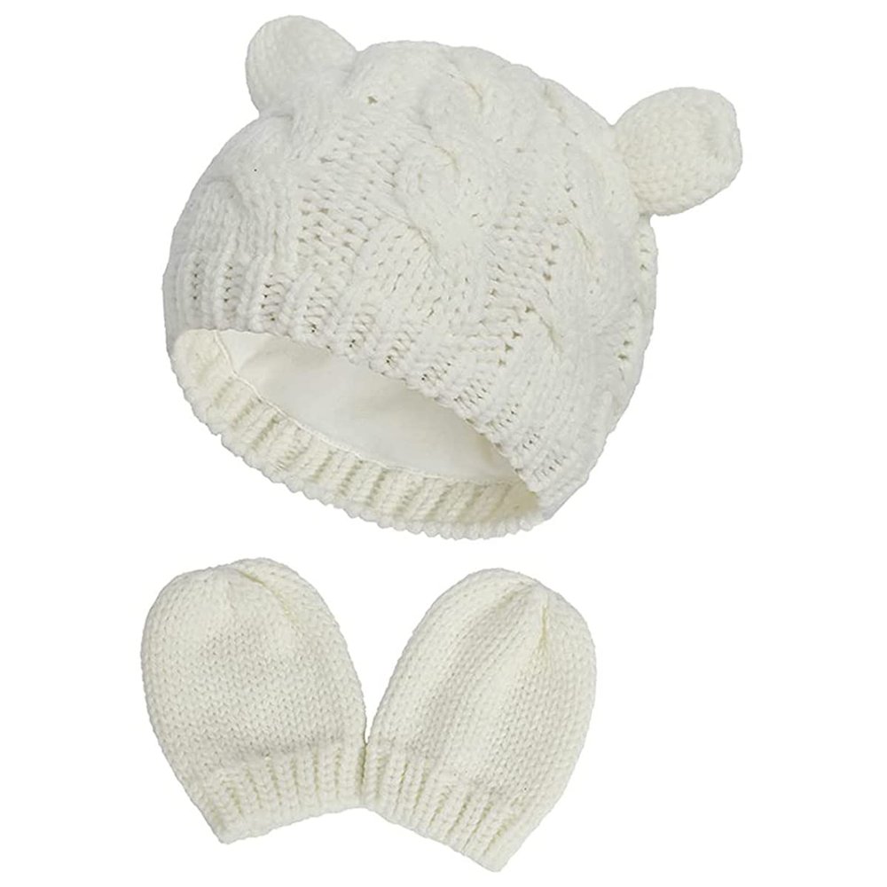ZJXC Baby Hat Glove Set Soft Newborn Mittens Baby Girl Boys Knitted Toddler Cap Infant Winter Mitten Sets (White,0-3 Months)