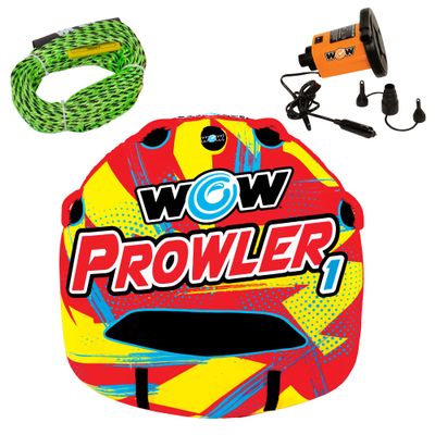 WOW Sports Prowler Starter Kit, 1 Person Boating Tube, 12v High Speed Air Pump, & 1K Tow Rope