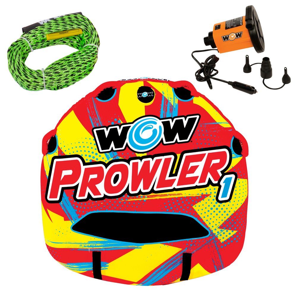 WOW Sports Prowler Starter Kit, 1 Person Boating Tube, 12v High Speed Air Pump, & 1K Tow Rope