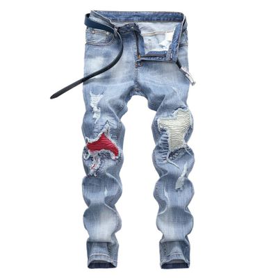 Kaxiya2021 Men's Contrast Patches Jeans Comfort Stretch Destroyed Ripped Biker Denim Pants Hole Washed Straight Jean Trousers (29,Light Blue)
