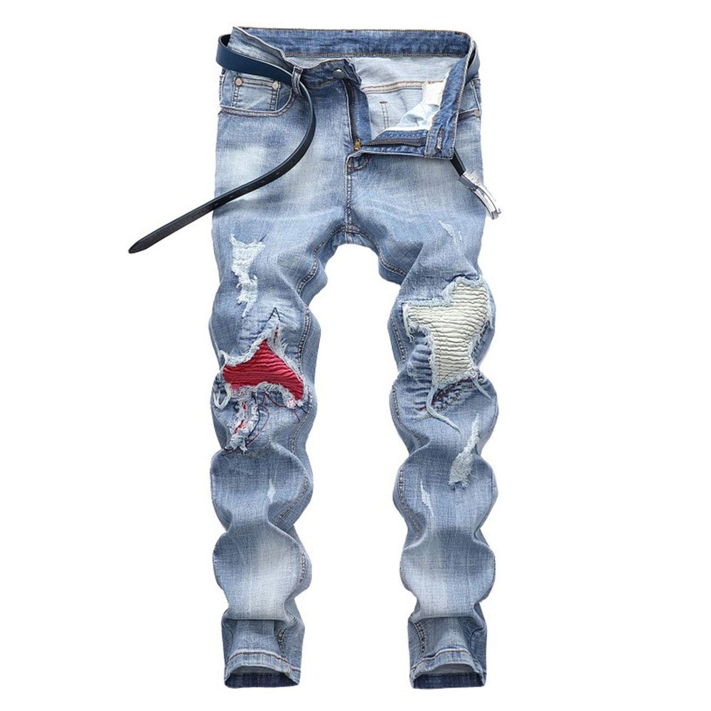 Kaxiya2021 Men's Contrast Patches Jeans Comfort Stretch Destroyed Ripped Biker Denim Pants Hole Washed Straight Jean Trousers (29,Light Blue)