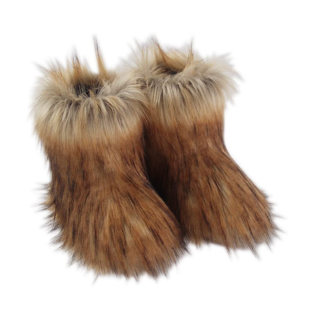 Gegefur Girls Boys Kids Faux Fur Boots Furry Fuzzy Fluffy Warm Winter Snow Boots Flat Shoes Outdoor (Raccoon, 1)