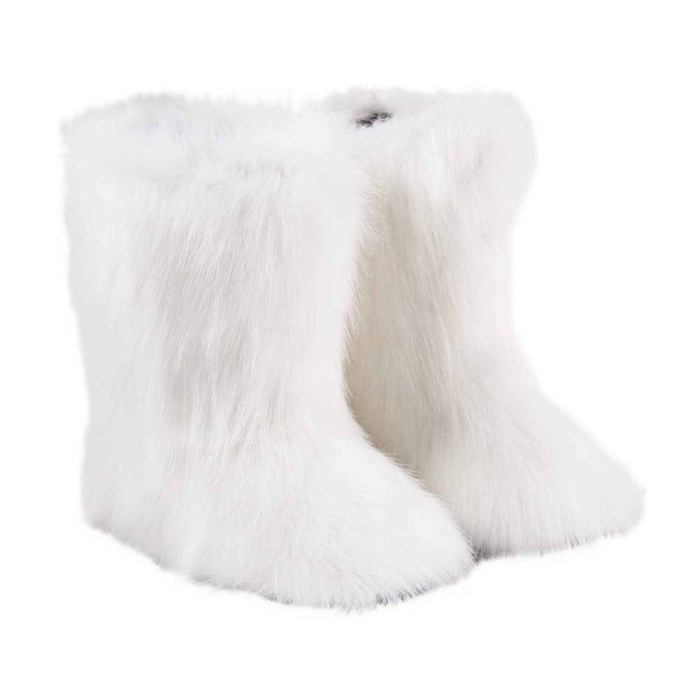 Gegefur Girls Boys Kids Faux Fur Boots Furry Fuzzy Fluffy Warm Winter Snow Boots Flat Shoes Outdoor (White, 10.5)