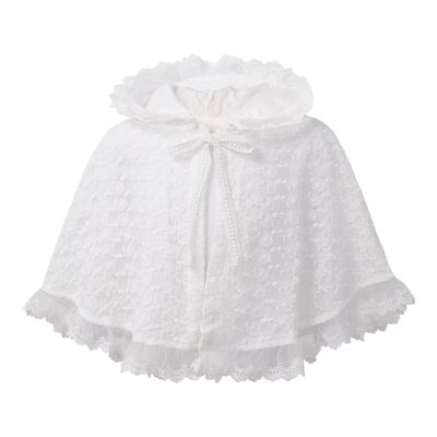 Loloda Baby Girls Hooded Floral Lace Princess Cape Cloak Christening Birthday Party Shoulder Wrap Shawl White 12-18 Months
