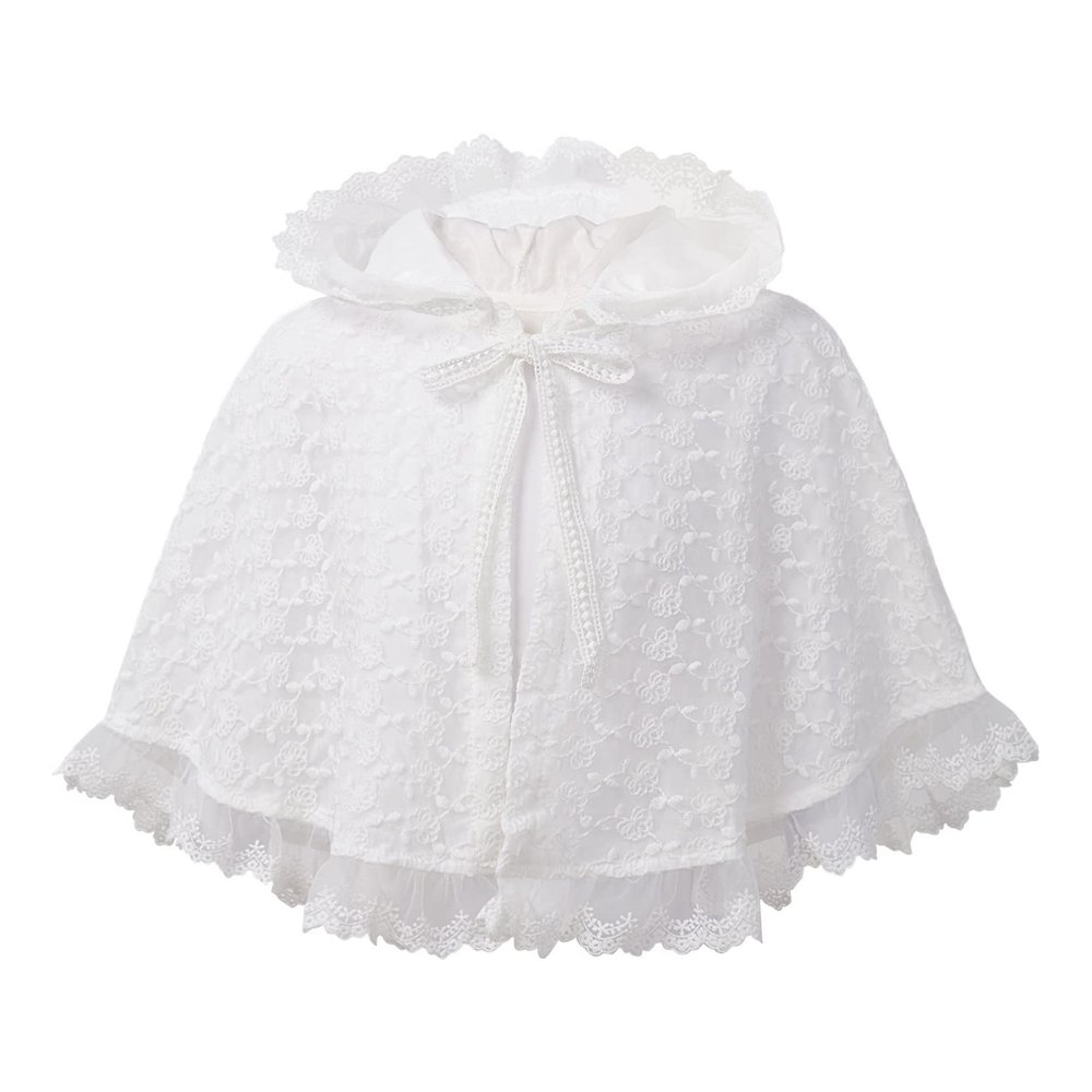 Loloda Baby Girls Hooded Floral Lace Princess Cape Cloak Christening Birthday Party Shoulder Wrap Shawl White 12-18 Months