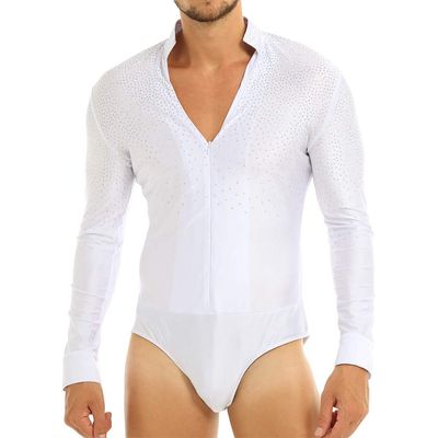 Loloda Men's Long Sleeve Bodysuit Leotard Sequin Gymnastic Latin Dance Romper Undershirt Costume Zip Front White Large