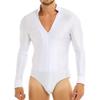 Loloda Men's Long Sleeve Bodysuit Leotard Sequin Gymnastic Latin Dance Romper Undershirt Costume Zip Front White Large view 1