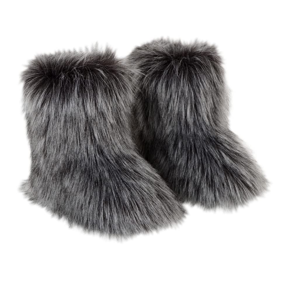 Gegefur Girls Boys Kids Faux Fur Boots Furry Fuzzy Fluffy Warm Winter Snow Boots Flat Shoes Outdoor (Dark grey, 10.5)