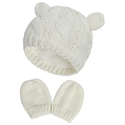 ZJXC Baby Hat Glove Set Soft Newborn Mittens Baby Girl Boys Knitted Toddler Cap Infant Winter Mitten Sets (White,3-6 Months)